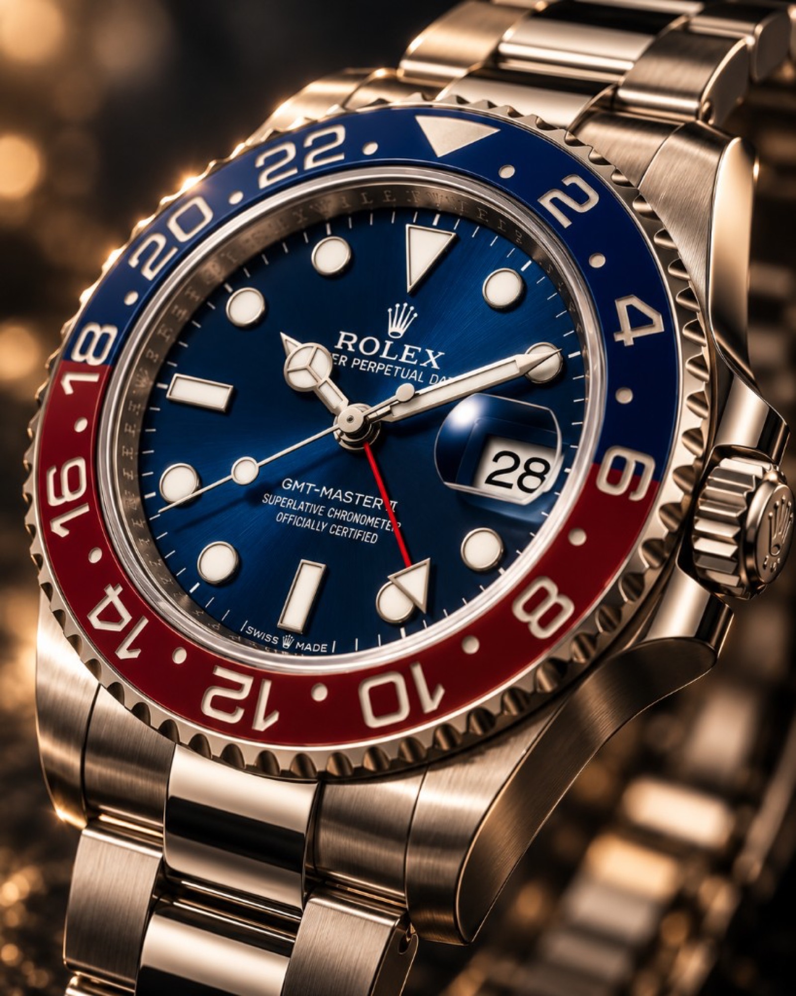 Close view of a steel watch with a blue dial and a blue and red bezel.