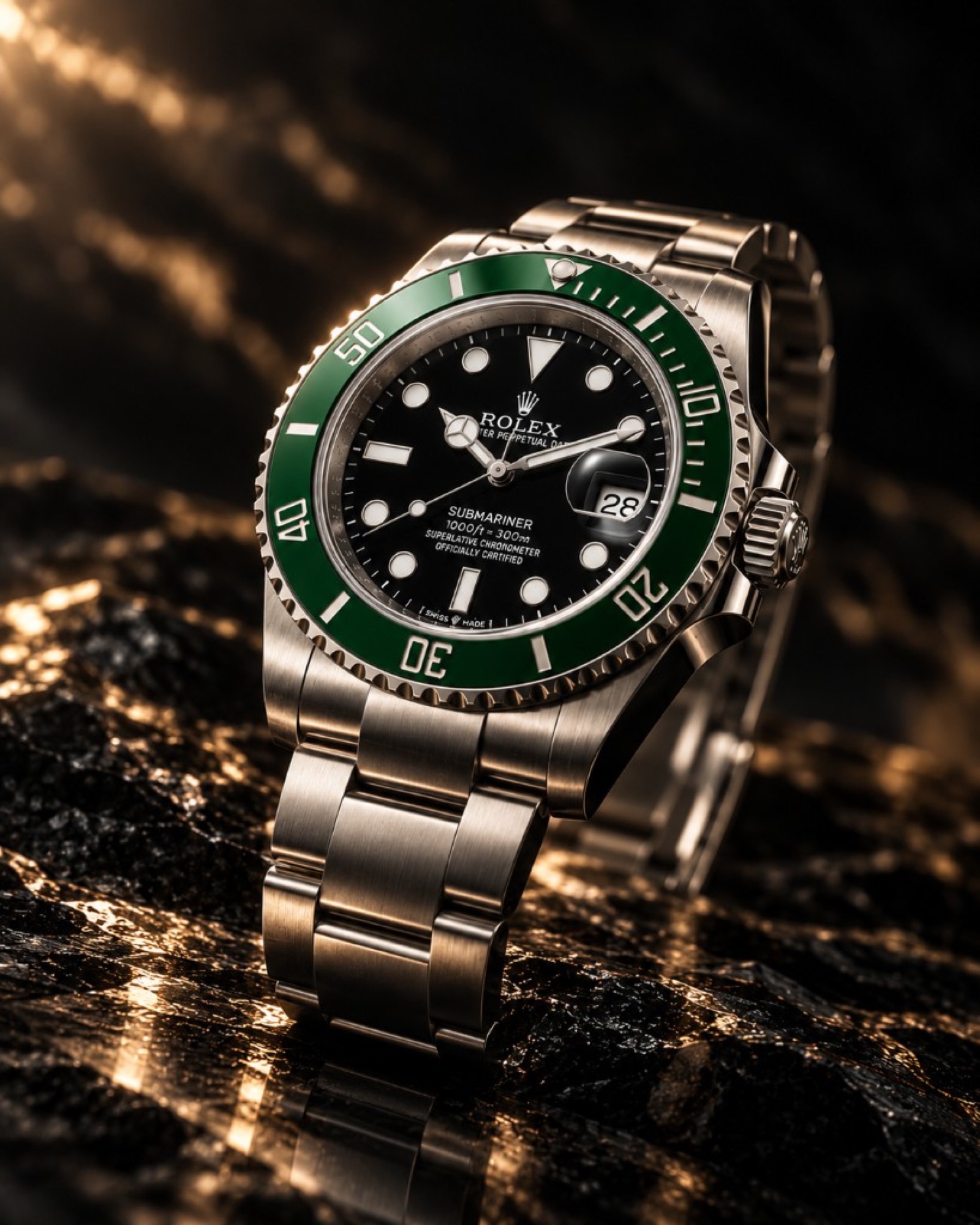 Steel sports watch with a green bezel, on dark stone.